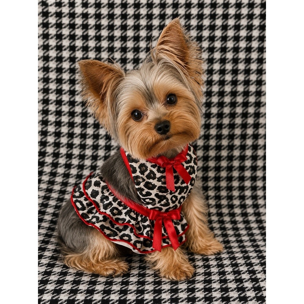 Leopard Print Dog Dress XXS XS Small Puppy Yorkie Pet Outfit Red Ruffle Bow Cute
